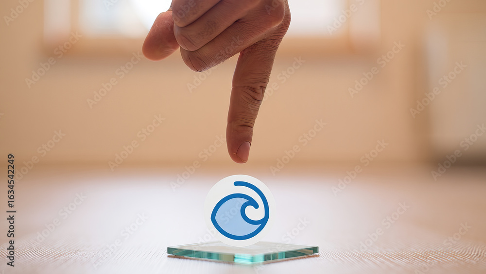 Poster a finger pointing towards a transparent square displaying a wave icon against a neutral background r