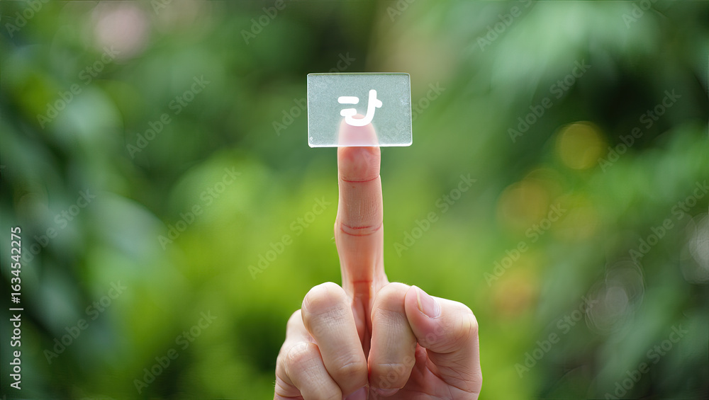 Poster a finger touching a transparent square displaying a smiling face icon against a blurred green backgr