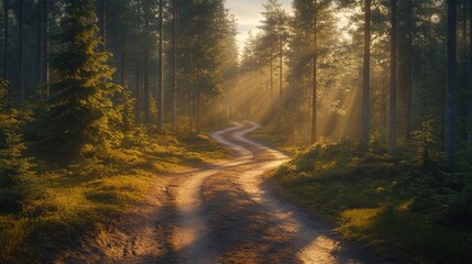 Winding forest path bathed in golden sunlight