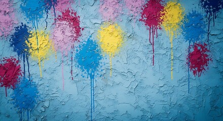 Fototapeta premium Vibrant Paint Splatters on Textured Blue Wall