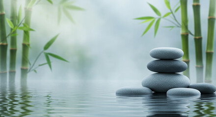 Fototapeta premium Serene Stacked Stones, Tranquil Bamboo, Misty Water: Zen Spa Background