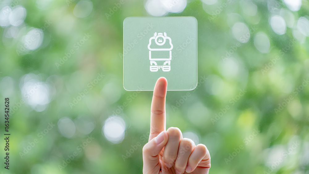Poster interactive technology a person's finger pointing at a transparent button with a human icon against 