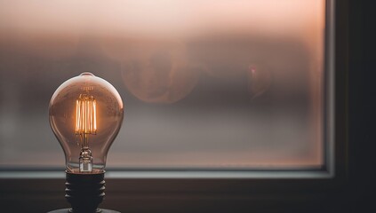 Vintage Edison bulb glowing warmly in soft golden hour light, set against a blurred window. Minimalist, cozy ambiance with empty space above—ideal for quotes or elegant mockup use.