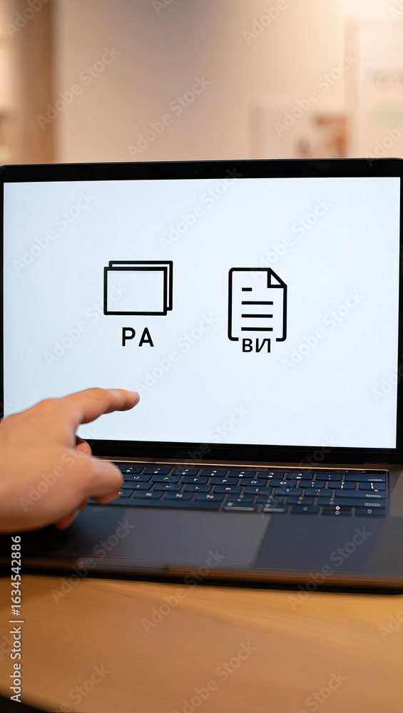 Poster interacting with digital documents a hand points to icons on a laptop screen, navigating files and i