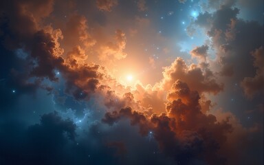 Naklejka premium Cosmic Nebula in Vibrant Blue Orange and Brown Hues. High quality