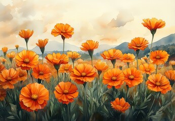 Fototapeta premium Watercolor painting of a field of blooming marigolds.