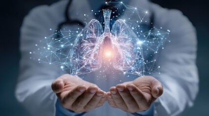 Advanced Respiratory Care: A Glowing Plexus Network of Lungs in a Doctors Hands.