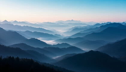 Aerial view of layered mountain ranges at dawn with soft blue sky and morning mist.
