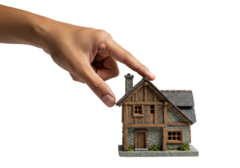Hand adjusting miniature stone house with timber detailing. Cut out PNG