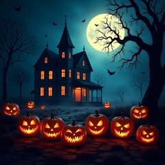 Fototapeta premium Halloween background glowing pumpkins haunted house spooky night fog autumn atmosphere