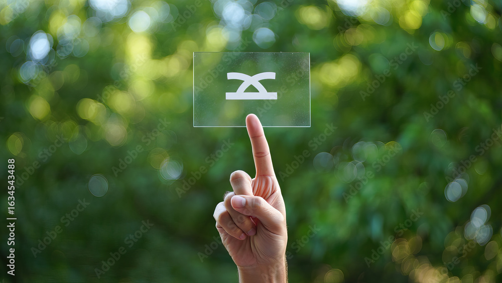 Poster innovative transparent screen interface displaying a unique symbol against a natural green backgroun