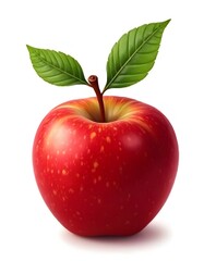 Juicy apple with two fresh green leaves on white background