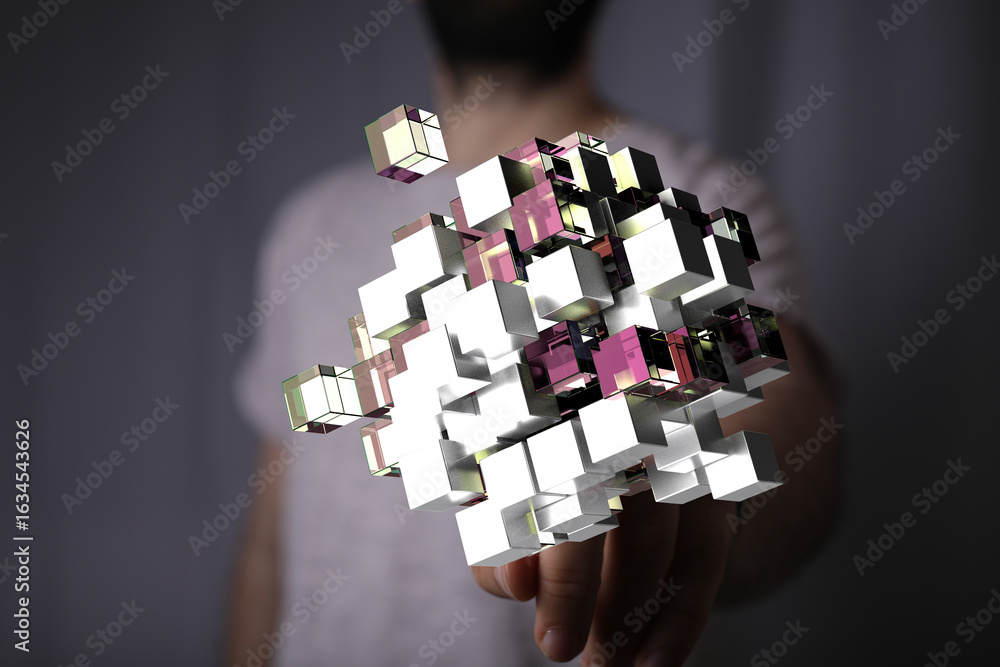 Poster abstract image of interconnected cubes, representing data, technology, or innovation. ideal for tech