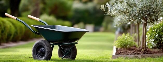 Wheelbarrow rests on lush green lawn surrounded by vibrant foliage and wooden fence capturing the essence of a peaceful garden setting