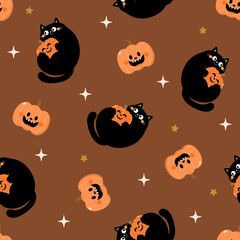 Halloween cartoon seamless pattern. Cute black cat and spooky pumpkin. Animal holidays character. -Vector.