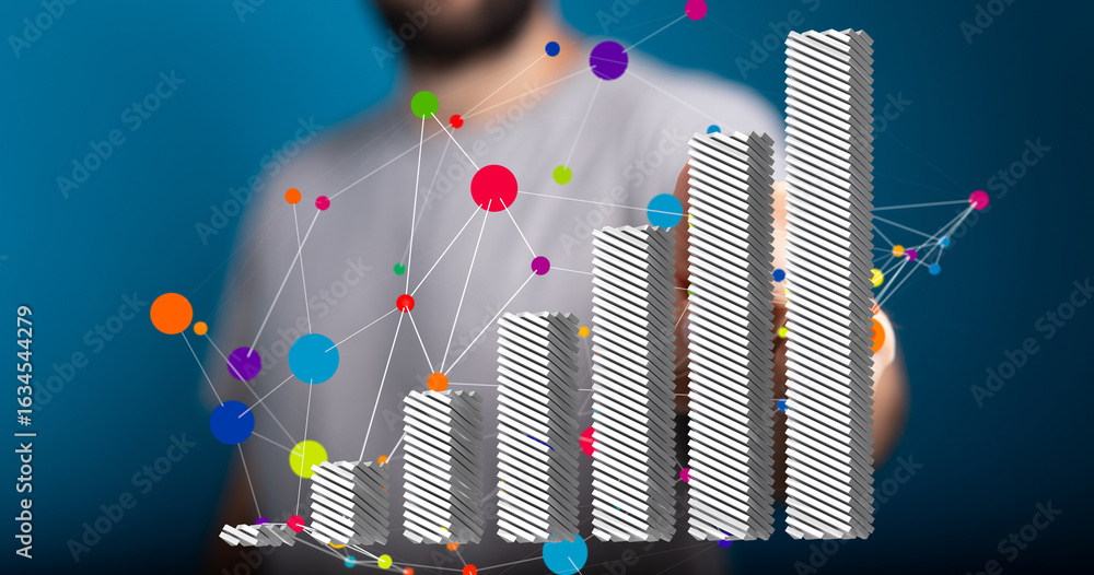 Poster stock photo of a hand interacting with a 3d bar chart illustrating business growth and data visualiz