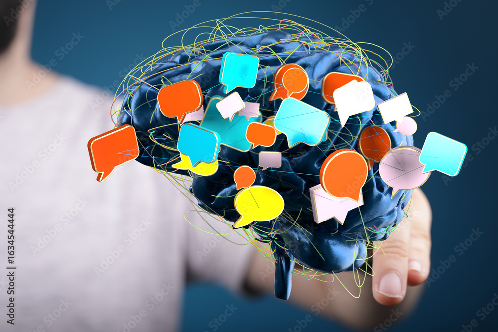 Poster abstract image of a brain with colorful speech bubbles, representing communication, ideas, and thoug
