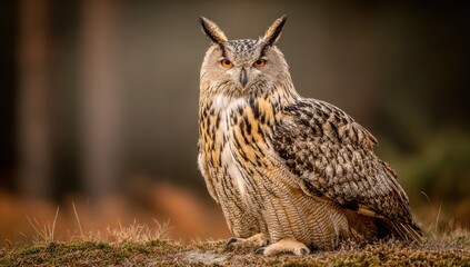 Obraz premium Elusive owl perched on ground, golden eyes, brown and beige plumage