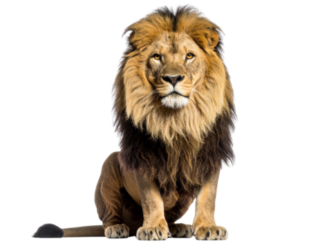 Regal Male Lion Sitting Front View, Mane Flowing, Transparent Background PNG