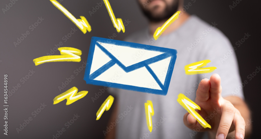 Poster image of a man interacting with a digital email icon, representing communication and technology.