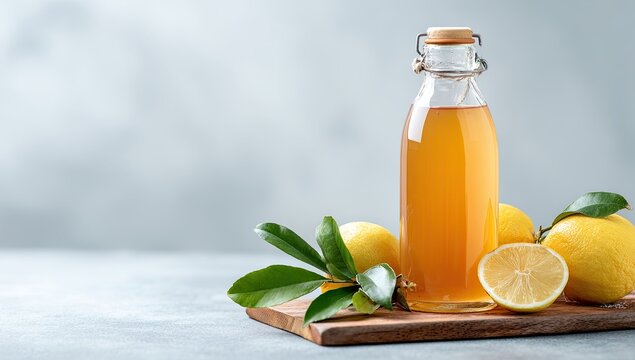 Glass bottle of amber liquid, likely lemon-based beverage, sits on wooden board with fresh lemons and leaves against a muted gray background
