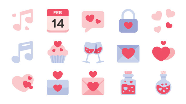 Valentine's Day icons with hearts music notes and romantic symbols Keywords: Valentine's Day, romance, love, hearts, music notes, calendar, cupcake, wine glasses, envelope