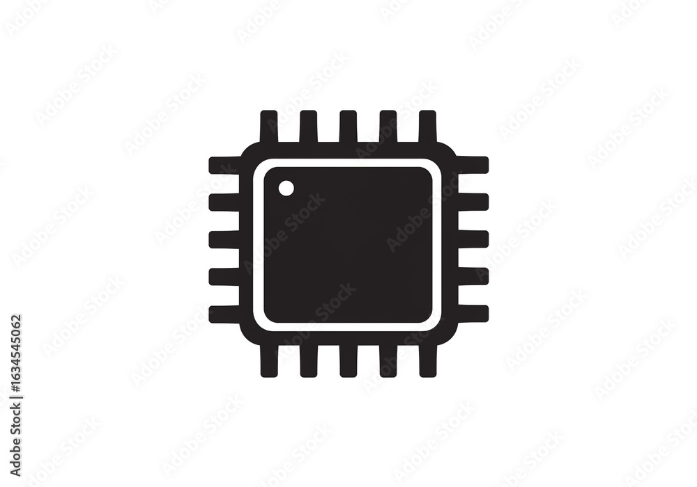 Poster isolated black and white vector graphic of a computer chip with pins on a white background