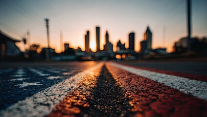 American flag painted on road, city skyline in the background at sunset