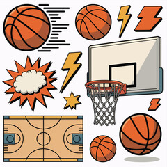 Basketball elements collection with court hoop and balls