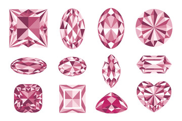 Collection of sparkling pink gemstones in various cuts and shapes