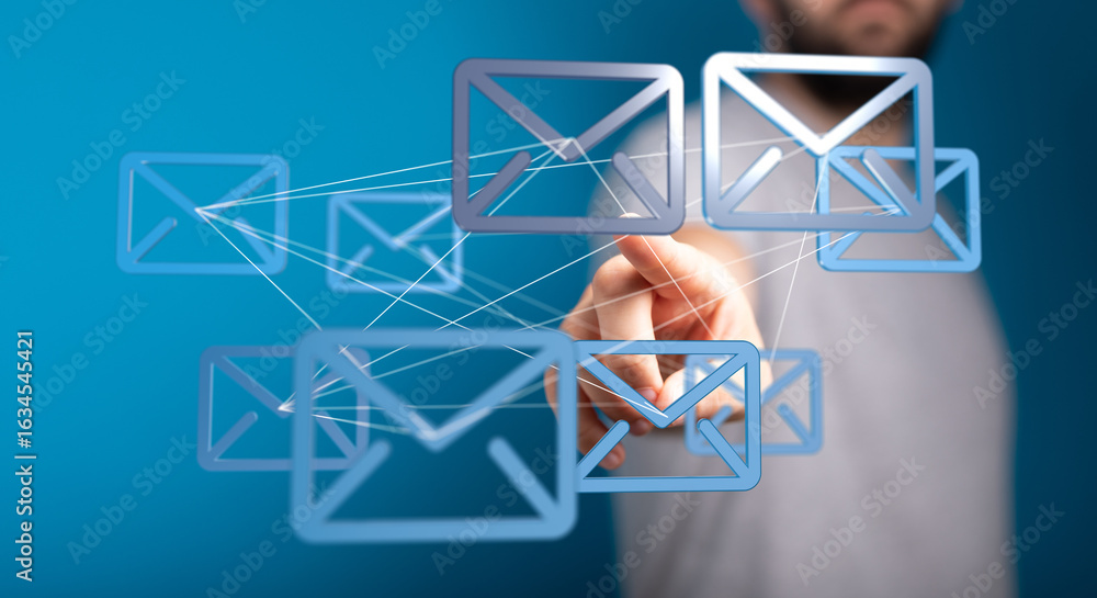 Poster person interacts with a network of email icons, representing global communication and interconnected