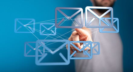 Person interacts with a network of email icons, representing global communication and...