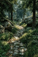 A tranquil forest path winds along a mossy rocks strewn , surrounded by lush green trees and plants