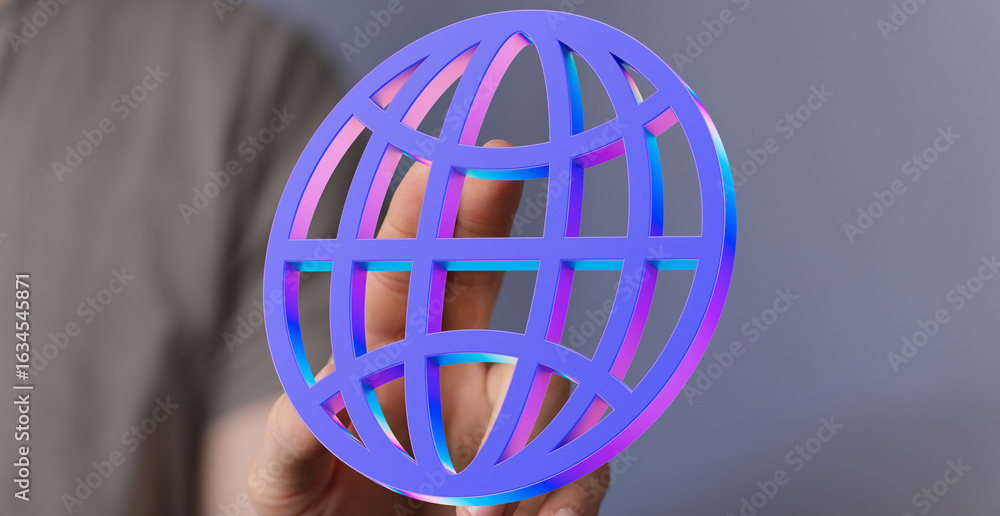 Poster abstract image of a hand holding a vibrant 3d globe icon, representing global connectivity and netwo