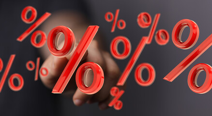 High-quality image depicting a hand interacting with floating percentage symbols, ideal for...