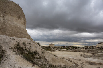 Steppe landscape with chalk cliffs, overcast sky