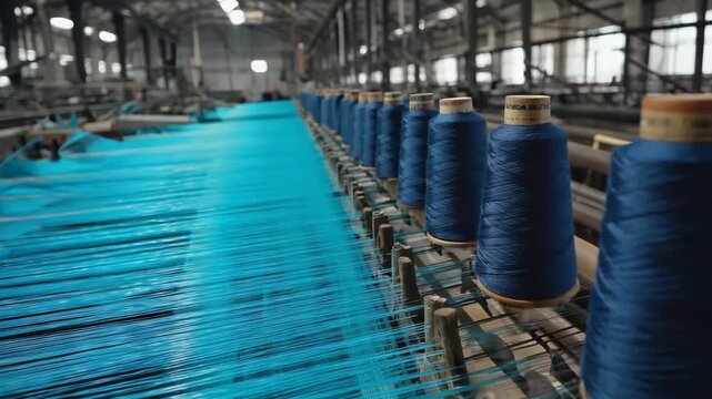 Large spools of blue thread on a textile machine in a factory.