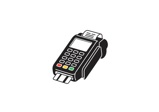 Isolated point of sale terminal with card inserted and receipt ready on a white background