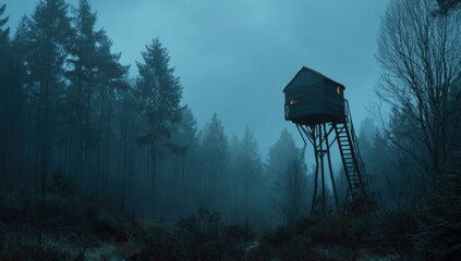Foggy forest with elevated cabin