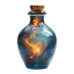 Mystical blue glass bottle containing a swirling galaxy of golden light and cosmic dust isolated on transparent background