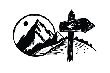 Mountain Signpost Woodcut Vector Badge - Summit & Peak Silhouette Emblem