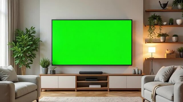 Modern living room displays vibrant green screen TV for immersive content creation and home entertainment setup