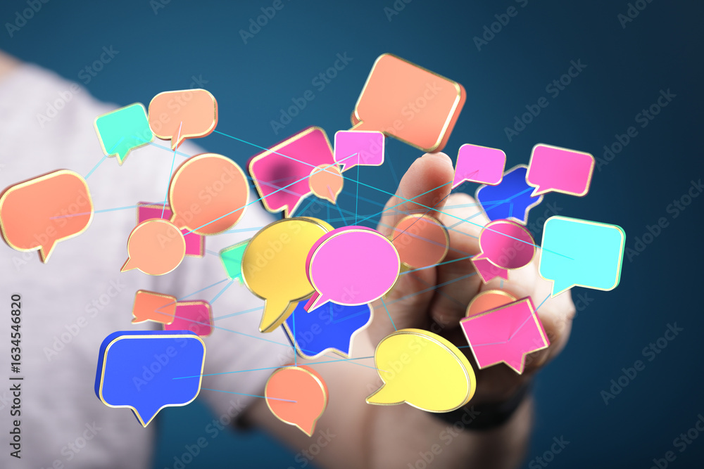 Poster abstract image of interconnected speech bubbles, symbolizing communication, social media, and networ