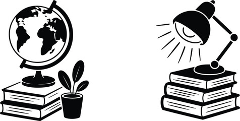 Education silhouette icons with stacks of books, a globe, a potted plant, and a desk lamp