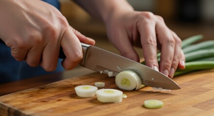 Slicing the white part of green onions with a knife on a cutting board