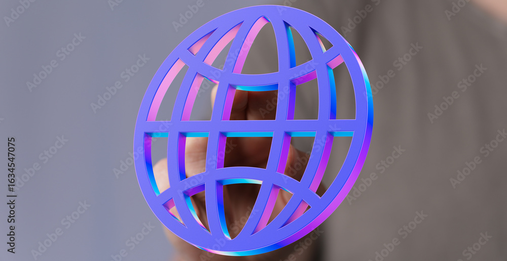 Poster 3d rendering of a hand holding a vibrant global network icon, symbolizing connection and technology.
