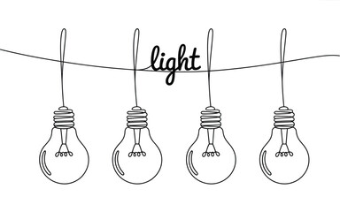 Hand drawn sketch of four hanging light bulbs with the word light