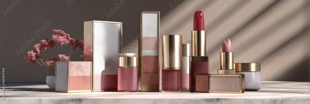 Poster realistic 3d makeup packaging displayed diagonally with open box showcasing vibrant colors and textu