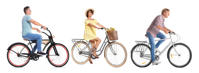 Naklejka premium People riding bicycles on white background, collage of photos