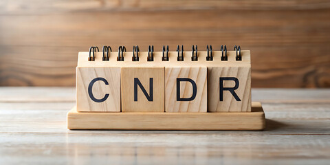 Wooden desk calendar with blocks displaying the letters cndr, symbolizing a date or event on a rustic wooden background